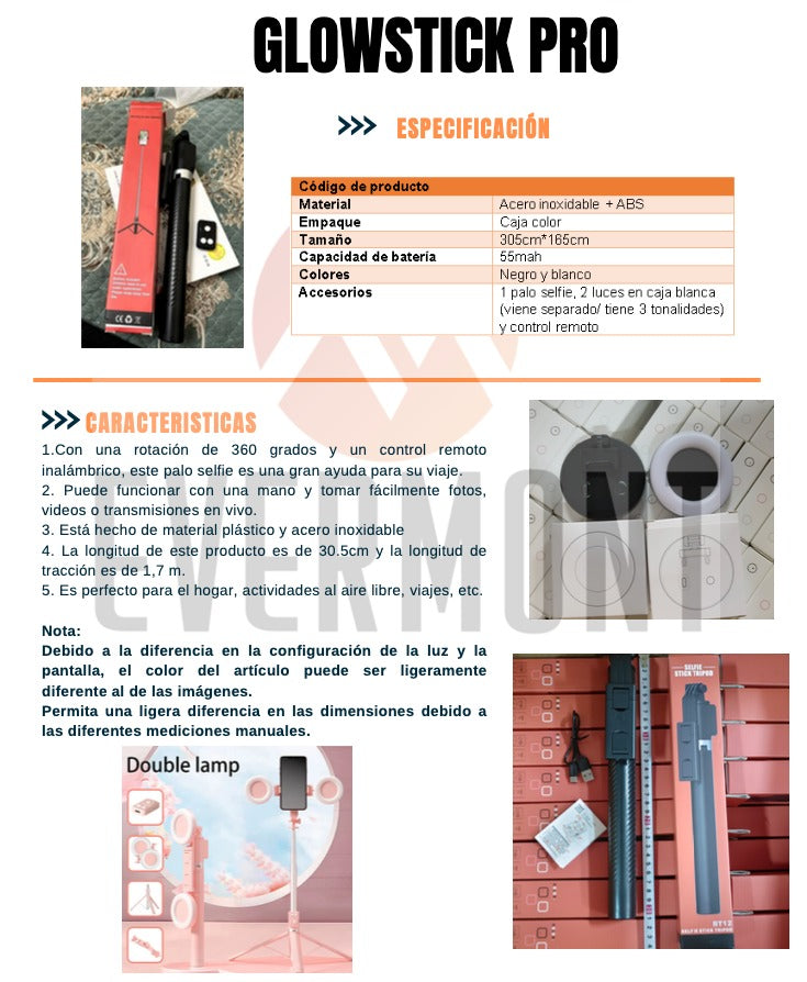 📱 GLOWSTICK PRO – Trípode y Palo Selfie 360° con Control Remoto Inalámbrico - BLANCO